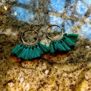Gold and green tassel earrings